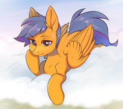 Size: 2528x2232 | Tagged: safe, artist:fensu-san, imported from derpibooru, oc, oc only, oc:cloudburst, pegasus, pony, blue hair, blue mane, blue tail, calm, cloud, commissioner:trebl900, folded wings, head in hooves, lying down, lying on a cloud, male, missing cutie mark, on a cloud, orange coat, orange fur, pegasus oc, scar, signature, smiling, solo, stallion, supporting head, wings