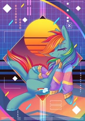 Size: 2480x3508 | Tagged: safe, artist:wavecipher, imported from derpibooru, rainbow dash, pegasus, pony, clothes, eyes closed, hoodie, smiling, solo, synthwave