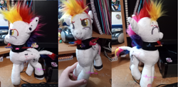 Size: 3386x1647 | Tagged: safe, artist:4agonism, derpibooru exclusive, imported from derpibooru, oc, oc:noodle berry, pegasus, pony, beard, birthmark, bracelet, choker, coat markings, commission, ear piercing, earring, facial hair, folded wings, goatee, irl, jewelry, leather, male, markings, mohawk, newbie artist training grounds, one eye closed, pegasus oc, photo, piercing, plushie, smiling, solo, stallion, wings, wink