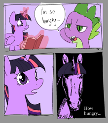 Size: 1280x1463 | Tagged: safe, artist:ecstasydemon, imported from derpibooru, spike, twilight sparkle, alicorn, dragon, horse, pony, comic, dialogue, female, funny, hoers, lidded eyes, magic, male, man i'm so hungry / how hungry, mare, meme, open mouth, ponified meme, speech bubble, telekinesis, twilight sparkle (alicorn)