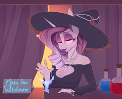 Size: 3200x2600 | Tagged: safe, artist:chapaevv, imported from derpibooru, oc, oc only, oc:sumac spirit, anthro, breasts, cleavage, female, fire, hat, jewelry, looking at you, necklace, patreon, patreon reward, pearl necklace, potion, solo, spirit, store, text, witch, witch hat
