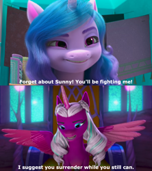 Size: 1280x1440 | Tagged: safe, edit, edited screencap, editor:jaredking779, imported from derpibooru, screencap, izzy moonbow, opaline arcana, alicorn, pony, unicorn, spoiler:g5, spoiler:my little pony: make your mark, spoiler:my little pony: make your mark chapter 2, spoiler:myms01e01, caption, female, g5, izzy does it, mare, my little pony: make your mark, my little pony: make your mark chapter 2, smiling, smirk, spread wings, text, wings