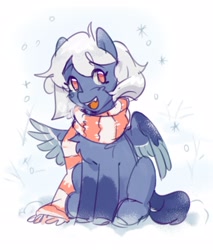 Size: 1944x2281 | Tagged: safe, artist:lunnita_pony, imported from derpibooru, oc, oc only, oc:winter dream, pegasus, pony, clothes, scarf, snow, snowfall, solo, striped scarf