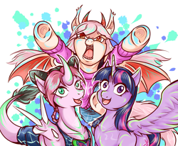 Size: 1759x1446 | Tagged: safe, artist:thurder2020, imported from derpibooru, twilight sparkle, alicorn, bat pony, dracony, dragon, hybrid, pony, chainsaw man, crossover, jojo's bizarre adventure, jolyne cujoh, peace sign, ponified, power (chainsaw man), trio, twilight sparkle (alicorn), underhoof