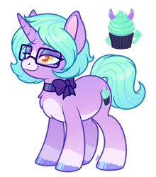 Size: 1100x1250 | Tagged: safe, artist:hexlockspear, imported from derpibooru, oc, oc only, oc:whipped scream, pony, unicorn, bow, cupcake, food, glasses, green mane, ponysona, purple coat, ribbon, simple background, solo, transparent background, yellow eyes