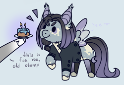 Size: 2573x1757 | Tagged: safe, artist:rico_chan, imported from derpibooru, oc, oc:adam paine, pegasus, pony, birthday, cake, chibi, food, offscreen character, postcard, sketch, solo