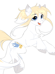 Size: 2300x3122 | Tagged: safe, artist:redchetgreen, imported from derpibooru, oc, oc only, unnamed oc, pony, unicorn, bangs, blue eyes, butt, chest fluff, colored, colored eartips, colored hooves, concave belly, ear fluff, ear markings, eyebrows, eyebrows visible through hair, eyelashes, flat colors, high res, hoof fluff, hooves, horn, horn markings, horn pattern, leg fluff, long bangs, looking forward, open mouth, open smile, plot, short horn, side view, sidebangs, signature, simple background, slim, smiling, solo, tail, teeth, thin, turned head, two toned mane, two toned tail, underhoof, unicorn oc, unshorn fetlocks, white background, white coat, windswept mane