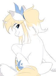 Size: 2300x3122 | Tagged: safe, artist:redchetgreen, imported from derpibooru, oc, oc only, unnamed oc, pony, unicorn, bangs, blue eyes, colored, colored eartips, colored hooves, ear fluff, ear markings, eyebrows, eyebrows visible through hair, eyelashes, feather, flat colors, grin, high res, hoof fluff, hoof on chest, hooves, horn, horn markings, horn pattern, leg fluff, lidded eyes, long bangs, looking at you, looking back, looking back at you, rear view, scrunchie, short horn, sidebangs, signature, simple background, sitting, slim, smiling, smiling at you, solo, spine, tail, teeth, thin, turned head, two toned mane, two toned tail, underhoof, unicorn oc, unshorn fetlocks, white background, white coat