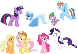 Size: 740x508 | Tagged: safe, imported from derpibooru, applejack, fluttershy, pinkie pie, rainbow dash, rarity, spike, trixie, twilight sparkle, alicorn, dragon, earth pony, pegasus, pony, unicorn, 1000 hours in ms paint, alicornified, body swap, new rainbow dash, princess trixie sparkle, race swap, simple background, trixiecorn, twilight sparkle (alicorn), white background