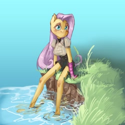 Size: 2477x2476 | Tagged: safe, artist:haku nichiya, imported from derpibooru, fluttershy, anthro, pegasus, blush sticker, blushing, female, legs in the water, partially submerged, solo, water