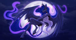 Size: 3677x1946 | Tagged: safe, artist:maybeweed, imported from derpibooru, princess luna, alicorn, anthro, unguligrade anthro, female, high res, moon, solo, unshorn fetlocks