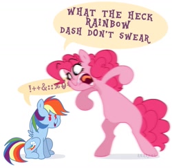 Size: 1475x1433 | Tagged: safe, artist:rachel-morrigan, imported from derpibooru, pinkie pie, rainbow dash, earth pony, pegasus, pony, angry, bipedal, censored vulgarity, duo, grawlixes, meme, simple background, speech bubble, vulgar, what the heck rainbow dash don't swear, white background, yelling