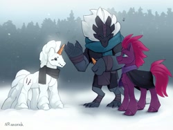 Size: 1440x1080 | Tagged: safe, artist:anoraknr, imported from derpibooru, fizzlepop berrytwist, tempest shadow, pony, storm creature, unicorn, cloak, clothes, duo, music notes, scarf, smiling, snow, snowmare