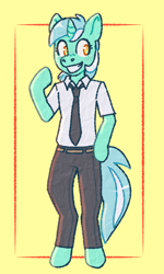 Size: 1229x2048 | Tagged: safe, artist:purrtal2, imported from derpibooru, lyra heartstrings, semi-anthro, unicorn, clothes, grin, necktie, pants, shirt, simple background, smiling, solo, yellow background