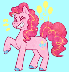 Size: 1280x1326 | Tagged: safe, artist:purrtal2, imported from derpibooru, pinkie pie, earth pony, pony, ><, balloon, blue background, eyes closed, grin, raised hoof, simple background, smiling, solo, unshorn fetlocks