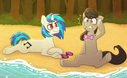 Size: 1280x789 | Tagged: safe, artist:purrtal2, imported from derpibooru, dj pon-3, octavia melody, vinyl scratch, earth pony, pony, unicorn, a tropical octav3, beach, belly, duo, forest, lying down, prone, sand, scared, sitting, water