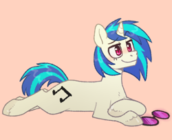 Size: 1280x1047 | Tagged: safe, alternate version, artist:purrtal2, imported from derpibooru, dj pon-3, vinyl scratch, pony, unicorn, a tropical octav3, lying down, pink background, prone, simple background, solo