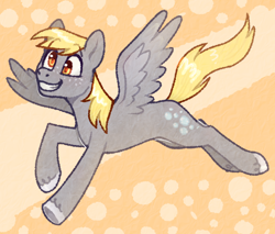 Size: 1280x1093 | Tagged: safe, artist:purrtal2, imported from derpibooru, derpy hooves, pegasus, pony, abstract background, derp, flying, freckles, hooves, slim, smiling, solo, spread wings, thin, unshorn fetlocks, wings