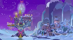 Size: 1223x673 | Tagged: safe, imported from derpibooru, screencap, best gift ever, background, bow, christmas, christmas lights, decoration, hearth's warming, holiday, night, no pony, ribbon, school of friendship, snow, stars, twilight's castle