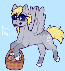 Size: 1280x1397 | Tagged: safe, artist:purrtal2, imported from derpibooru, derpy hooves, pegasus, pony, basket, blue background, crossover, food, muffin, portal (valve), portal 2, simple background, solo, sunglasses, wheatley