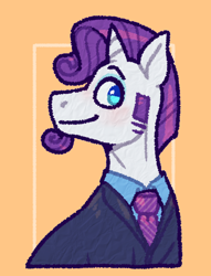 Size: 1280x1678 | Tagged: safe, artist:purrtal2, imported from derpibooru, rarity, pony, unicorn, clothes, elusive, male, necktie, orange background, sideburns, simple background, solo, stallion, suit, trans male, transgender