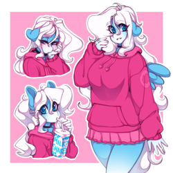 Size: 1228x1228 | Tagged: safe, artist:tolsticot, imported from derpibooru, oc, oc only, oc:icy heart, anthro, pegasus, clothes, eye clipping through hair, eyebrows, eyebrows visible through hair, female, floppy ears, hair over one eye, hoodie, looking at you, skirt, solo