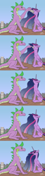 Size: 3662x14380 | Tagged: safe, artist:lightning bolty, editor:snowy comet, imported from derpibooru, spike, twilight sparkle, alicorn, dragon, pony, the last problem, absurd resolution, building, cartoon physics, city, cityscape, colored, comic, concave belly, cracked ground, cracks, cute, destruction, digestion without weight gain, eating, ethereal mane, ethereal tail, feeding, female, flat colors, floppy ears, folded wings, gradient mane, gulp, hammerspace, hammerspace belly, height difference, implied mass vore, implied vore, long mane, looking at each other, looking at someone, macro, male, neck bulge, object stuffing, object vore, older, older spike, older twilight, princess twilight 2.0, rubble, shipping, signature, sitting, sky, slim, smiling, smiling at each other, starry mane, starry tail, sternocleidomastoid, straight, swallowing, tail, tall, thin, throat bulge, twiabetes, twilight sparkle (alicorn), twipred, twispike, vore, vore sequence, wall of tags, wingless, wings