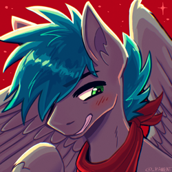 Size: 2048x2048 | Tagged: safe, artist:rament, imported from derpibooru, oc, oc only, oc:silver sky, pegasus, pony, blushing, bust, eyebrows, eyebrows visible through hair, gray coat, heart, heart eyes, icon, looking away, male, partially open wings, red background, red bandana, simple background, solo, stallion, teal mane, unshorn fetlocks, wingding eyes, wings