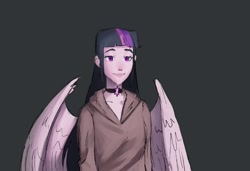 Size: 1206x825 | Tagged: safe, artist:haku nichiya, imported from derpibooru, twilight sparkle, human, equestria girls, choker, clothes, hoodie, humanized, palindrome get, solo, winged humanization, wings