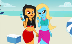 Size: 3824x2367 | Tagged: safe, artist:eli-j-brony, imported from derpibooru, oc, oc only, oc:ariel phantom, oc:shine, human, equestria girls, beach, belly button, bikini, bikini top, clothes, sarong, swimsuit, water bottle