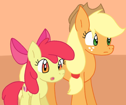 Size: 970x809 | Tagged: safe, artist:cmara, imported from derpibooru, apple bloom, applejack, earth pony, pony, apple bloom's bow, apple sisters, applejack's hat, bow, cowboy hat, female, filly, foal, hair bow, hat, mare, orange background, siblings, simple background, sisters