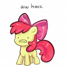 Size: 2121x2272 | Tagged: safe, artist:confetticakez, imported from derpibooru, apple bloom, earth pony, pony, apple bloom's bow, bow, dialogue, female, filly, foal, hair bow, heck, simple background, solo, text, white background