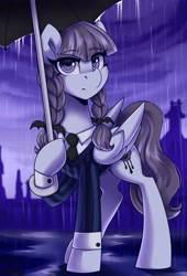 Size: 1600x2350 | Tagged: safe, artist:shadowreindeer, imported from derpibooru, inky rose, pegasus, pony, crossover, eyebrows, eyebrows visible through hair, female, looking at you, mare, rain, solo, umbrella, wednesday addams