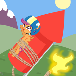 Size: 3000x3000 | Tagged: safe, artist:ponykittenboi, imported from derpibooru, scootaloo, pegasus, pony, bondage, fire, fireworks, fuse, grass, grass field, helmet, high res, mountain, mountain range, rocket, rope, show accurate, sky, smiling, solo, sun, this will end in tears and/or death and/or covered in tree sap, unsexy bondage