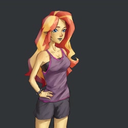 Size: 3108x3108 | Tagged: safe, artist:haku nichiya, imported from derpibooru, sunset shimmer, human, equestria girls, bare shoulders, female, hand on hip, sleeveless, solo