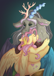 Size: 2480x3508 | Tagged: safe, artist:delfinaluther, imported from derpibooru, discord, fluttershy, draconequus, pegasus, pony, spoiler:g5comic, cuddling, discoshy, female, fluttercord week, g5, high res, hug, male, mare, old man discord, older, older fluttershy, shipping, straight