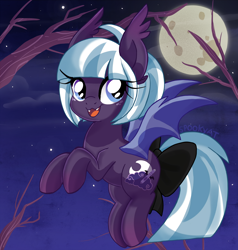 Size: 2380x2500 | Tagged: safe, artist:spookyle, imported from derpibooru, oc, oc only, oc:moonlit mist, bat pony, pony, bat pony oc, bow, cute, cute little fangs, fangs, female, hair bow, mare, moon, night, solo