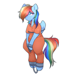 Size: 2000x2173 | Tagged: safe, artist:cappugchino, imported from derpibooru, rainbow dash, pony, bound wings, chained, chains, clothes, commission, commissioner:rainbowdash69, never doubt rainbowdash69's involvement, prison outfit, prisoner, prisoner rd, simple background, solo, transparent background, wings