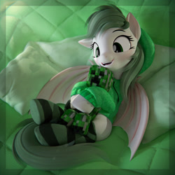 Size: 3840x3840 | Tagged: safe, artist:sgt.acey, imported from derpibooru, oc, oc only, bat pony, pony, 3d, clothes, comfy, creeper, cute, dragon wings, hoodie, hug, looking at something, pillow, plushie, smiling, socks, solo, striped socks, wings