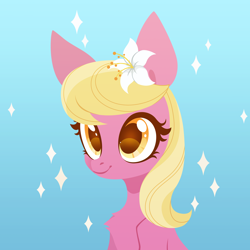 Size: 3000x3000 | Tagged: safe, artist:belka-sempai, imported from derpibooru, lily, lily valley, earth pony, pony, beautiful, bust, chest fluff, colored eyelashes, colored pupils, cute, female, flower, flower in hair, gradient background, mare, smiling, solo, sparkles