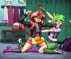 Size: 2450x2015 | Tagged: safe, artist:king-kakapo, imported from derpibooru, cherry crash, sunset shimmer, human, equestria girls, backpack, blood, boots, catfight, clothes, commission, duo, duo female, female, fight, hair pulling, jacket, leather, leather jacket, locker room, lockers, nosebleed, punch, shoes, skirt, towel