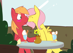 Size: 2292x1667 | Tagged: safe, artist:swomswom, edit, imported from derpibooru, big macintosh, fluttershy, earth pony, pegasus, pony, blush sticker, blushing, cheek kiss, eyes closed, female, flower, fluttermac, food, ice cream, kissing, male, mare, shipping, sitting, stallion, straight, unshorn fetlocks