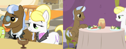 Size: 2008x786 | Tagged: safe, edit, edited screencap, imported from derpibooru, screencap, dainty dove, dane tee dove, fine print (g4), justah bill, tall order, earth pony, pony, unicorn, amending fences, the cutie mark chronicles, bedroom eyes, broccoli, carrot, chair, collar, comparison, cropped, cup, daintyorder, female, food, glasses, herbivore, male, mare, necktie, potato, shipping, smiling, stallion, straight, straw, table