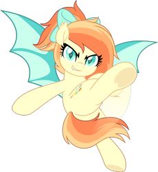 Size: 4598x5000 | Tagged: safe, artist:jhayarr23, imported from derpibooru, oc, oc only, oc:sunshine drift, bat pony, pony, bat ears, bat eyes, bat pony oc, bat wings, bow, butt, commission, female, hair bow, kicking, looking at you, mare, plot, simple background, smiling, smirk, transparent background, underhoof, wings, ych result