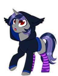 Size: 1597x2086 | Tagged: safe, artist:sarahsuresh-art, imported from derpibooru, oc, oc only, oc:dreaming star, bat pony, bat pony unicorn, hybrid, pony, unicorn, base used, bat pony oc, clothes, commission, cute, fangs, femboy, hood, hoodie, horn, male, ocbetes, socks, solo, stallion, striped socks, transparent background