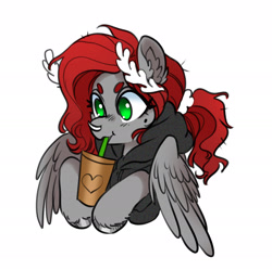 Size: 2334x2321 | Tagged: safe, artist:opalacorn, imported from derpibooru, oc, oc only, oc:void, pegasus, pony, bust, clothes, drink, drinking, drinking straw, female, hoodie, mare, messy mane, nose piercing, nose ring, pegasus oc, piercing, simple background, solo, white background