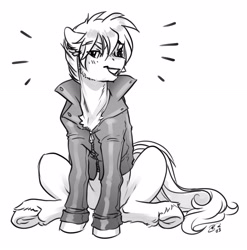Size: 3587x3627 | Tagged: safe, artist:opalacorn, imported from derpibooru, oc, oc only, earth pony, pony, black and white, chest fluff, clothes, commission, grayscale, grin, jacket, leather, leather jacket, male, monochrome, sitting, smiling, solo, stallion