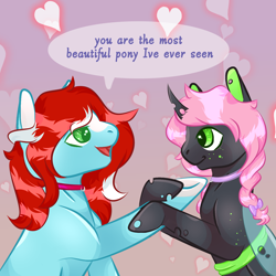 Size: 1500x1500 | Tagged: safe, artist:lebalisa, imported from derpibooru, oc, oc only, oc:oculus, oc:peppermint, changeling, earth pony, pony, couple, female, green changeling, heart, holding hoof, holding hooves, lesbian, looking at each other, looking at someone, love, mare, married couple, oc x oc, shipping, speech bubble, sternocleidomastoid, two toned mane