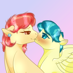 Size: 1200x1200 | Tagged: safe, artist:lebalisa, imported from derpibooru, aunt holiday, auntie lofty, earth pony, pegasus, pony, blushing, canon ship, cute, duo, female, floppy ears, flower, flower in hair, kiss on the lips, kissing, lesbian, lesbian couple, lidded eyes, lofty day, looking at each other, looking at someone, mare, shipping