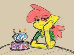 Size: 1104x825 | Tagged: safe, artist:zutcha, imported from derpibooru, apple bloom, anthro, earth pony, unguligrade anthro, birthday cake, cake, clothes, food, hair wrap, hoof on cheek, older, question mark, shirt, sketch, solo, t-shirt, teenage apple bloom